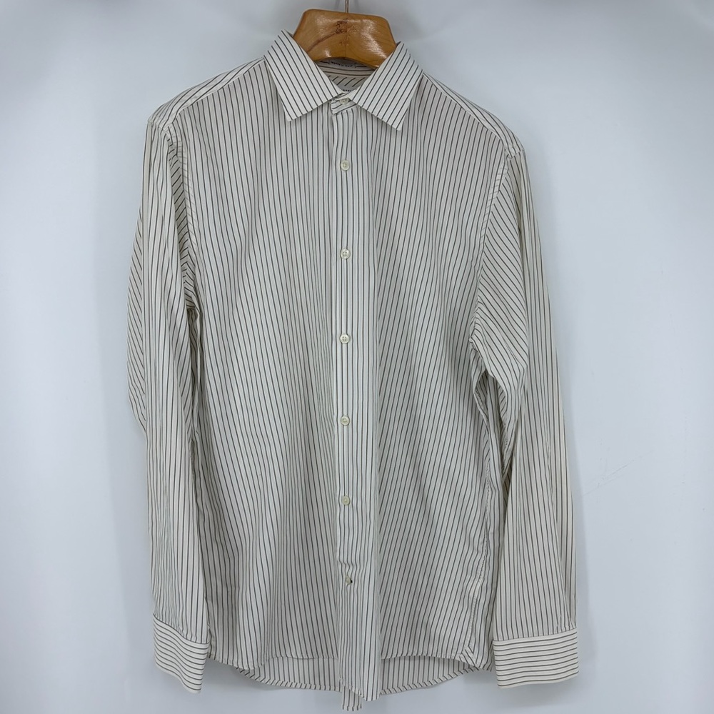 Banana Republic Mens Fitted Long Sleeve Button-Down Green Stripe 17-17 1/2